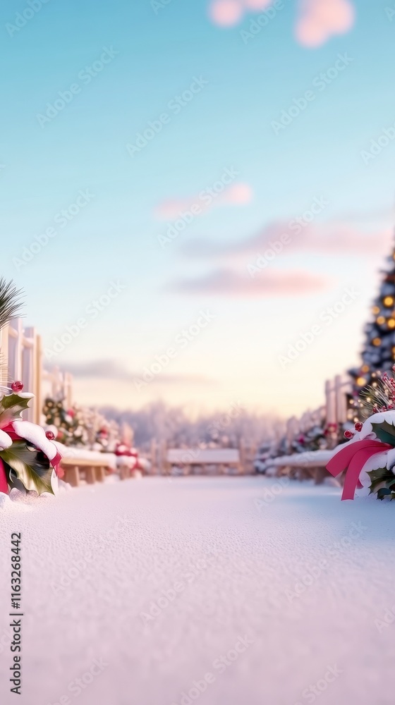 A serene winter scene featuring a snowy pathway lined with festive decorations and a beautifully adorned Christmas tree, evoking a sense of holiday cheer and tranquility. A serene winter scene featuring a snowy pathway lined with festive decorations and a beautifully adorned Christmas tree, evoking a sense of holiday cheer and tranquility.