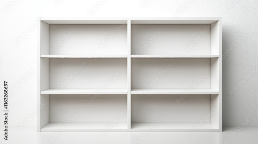 Simple modern bookshelf in white finish isolated on white background ideal for storage needs Simple modern bookshelf in white finish isolated on white background ideal for storage needs
