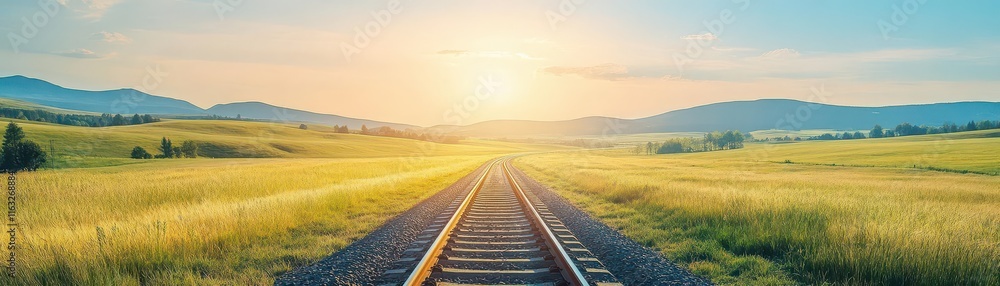 Fototapeta premium A scenic view of a tranquil railway stretching through a lush green landscape under a warm sunset.