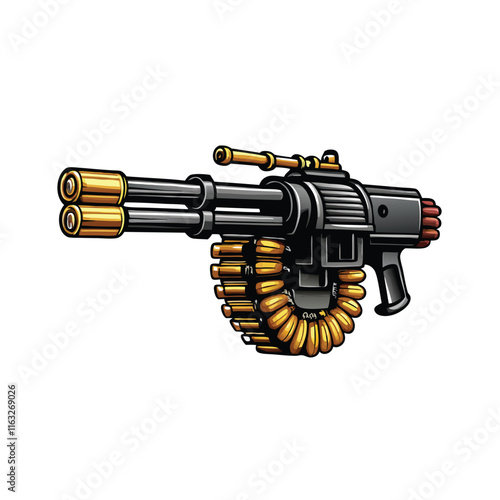 Render a hyperrealistic image of a massive, rotating-barrel Gatling gun, showcasing intricate mechanical details and a heavy-duty construction.