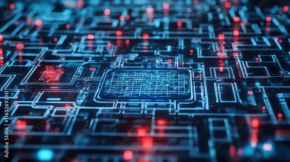 A professional team navigating a complex digital maze with a holographic map guiding them to the goal A professional team navigating a complex digital maze with a holographic map guiding them to the goal