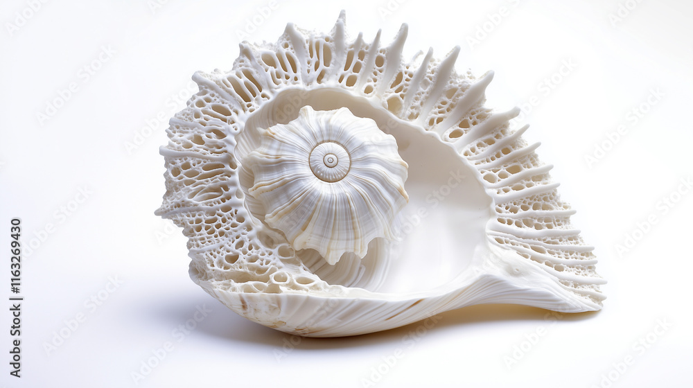 Single seashell with intricate details isolated on white background for beach aesthetics Single seashell with intricate details isolated on white background for beach aesthetics