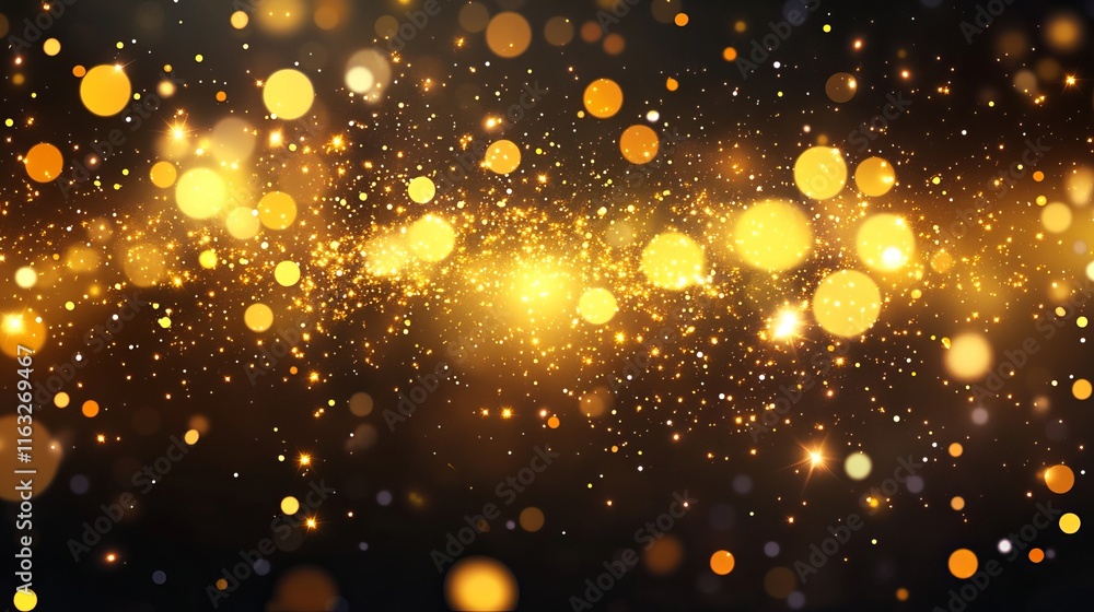 Abstract magical light effect with golden glares and bokeh on black background, glowing flying dust, christmas lights Abstract magical light effect with golden glares and bokeh on black background, glowing flying dust, christmas lights