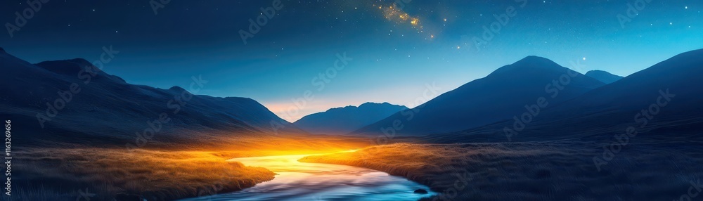 Fototapeta premium A mystical stream glowing with golden light, flowing through a serene valley under a sky filled with stars