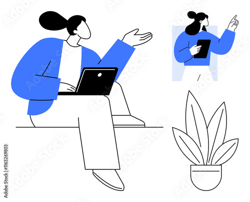 Woman using laptop while seated, another woman pointing while holding tablet, indoor plant. Ideal for productivity, remote work, presentation, team collaboration, technology use, modern office