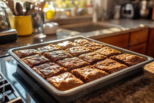 Freshly Baked Brownies on a Kitchen Counter Surrounded by Sunlight and Kitchen Utensils in a Cozy and Inviting Home Environment