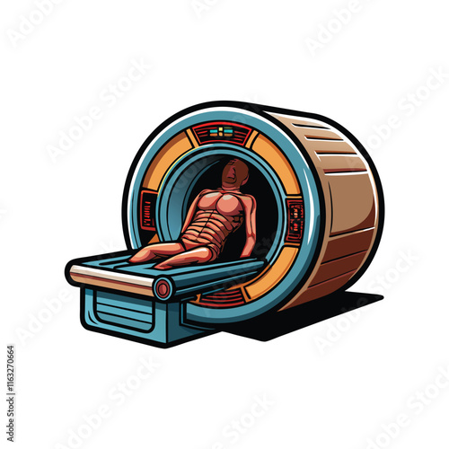 Illustrate the process of an MRI scan, showing a patient inside the machine and highlighting the magnetic field and radio waves used for imaging.