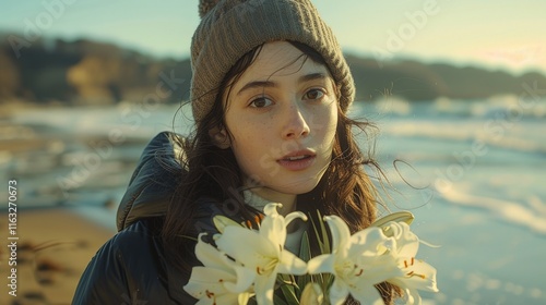 Young Woman with White Lilies in Winter Outfit by Tranquil Snow-Covered Beach under Golden Hour Light Capturing Serene Beautywinter photo