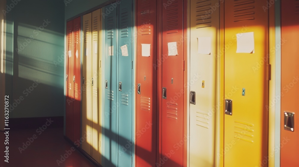 Rows of colorful high school lockers in a hallway with brightly painted doors and metallic handles, perfect for educational spaces, school projects, and student environments Rows of colorful high school lockers in a hallway with brightly painted doors and metallic handles, perfect for educational spaces, school projects, and student environments