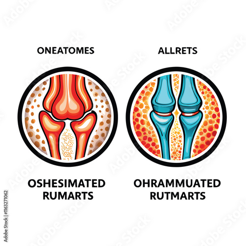 Illustrate the microscopic difference between healthy cartilage and cartilage degraded by osteoarthritis, highlighting joint space narrowing and bone spur formation.