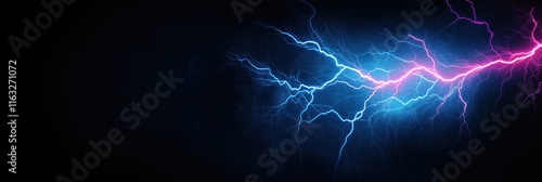 Dynamic abstract lightning pattern. Powerful energy display. Vivid electric blue, pink lightning bolts. Dark background ideal for text placement. Abstract lightning effect perfect for tech background