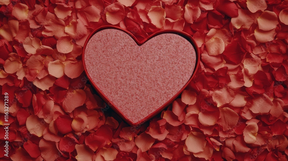 Obraz premium A heart-shaped object rests on a bed of rose petals, evoking feelings of love and romance. The warm tones create a serene and inviting atmosphere.