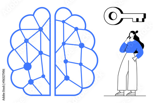 Abstract brain network design in blue, key in black, thinking woman in blue and white. Ideal for themes of creativity, problem-solving, innovation, knowledge, education, mental processes