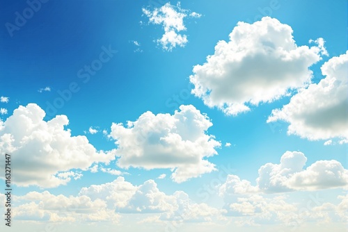 Fluffy white clouds scattered in a clear blue sky, illuminated by sunlight. The image conveys peace, freedom, and the beauty of nature. Ai generative photo