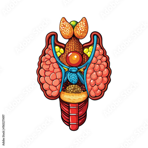 Create a detailed vector illustration of the human endocrine system, showcasing all major glands and their hormonal connections.  Label each gland and hormone clearly.