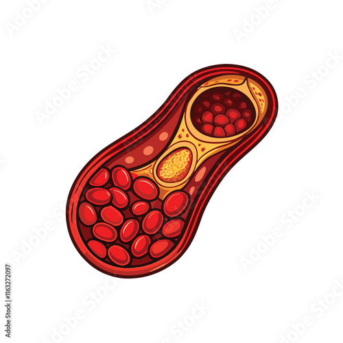 Illustrate the complete process of thrombus formation, showing platelet adhesion, activation, aggregation, and fibrin network formation.  Include detailed cellular components.
