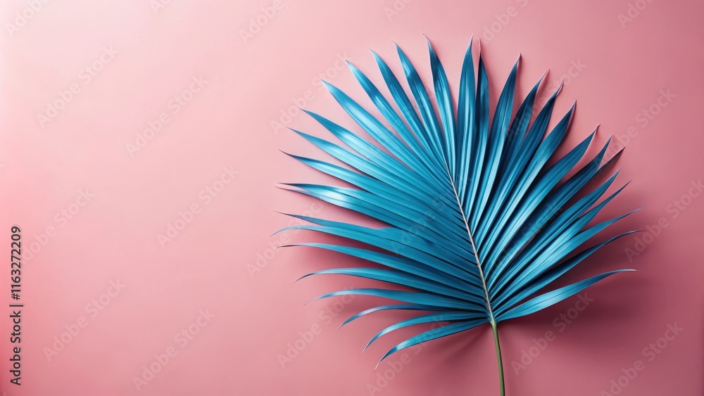 Fototapeta premium Vibrant Teal Palm Leaf on Soft Pink Background, Ideal for Summer Designs