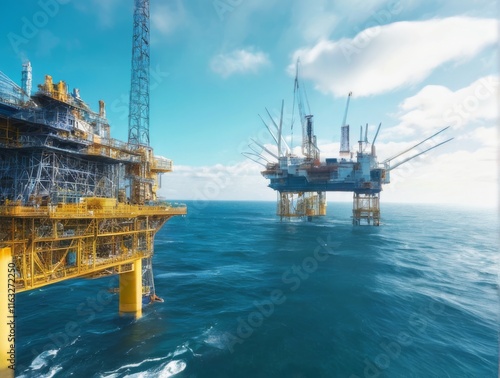 Offshore Wind Farm with Oil Rig and Turbines in Blue Oceanscape, Industrial Energy Landscape with Cranes and Skyline