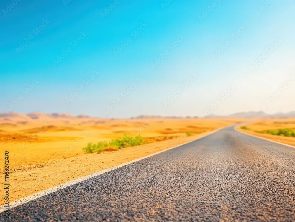 Naklejka premium A deserted desert highway under the scorching sun illustrating isolation focus on, realistic, manipulation, arid desert backdrop
