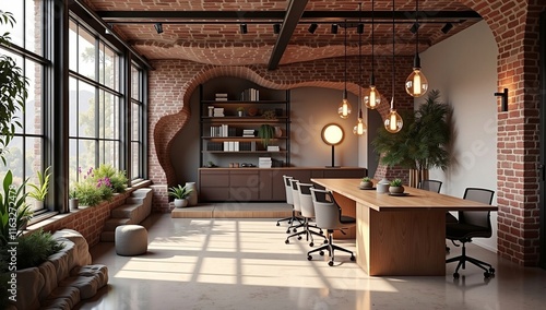 Wallpaper Mural A modern office with exposed brick walls, large windows, plants, a wooden table with chairs, and hanging lights. Torontodigital.ca