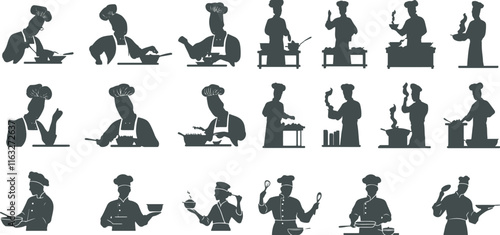 A set of black silhouettes of cooks or chefs working, making food and wearing aprons. Ideal for culinary posters, kitchen business logos, and design elements.