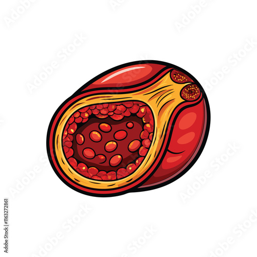 Illustrate the process of atherosclerosis, showing initial fatty streak formation, plaque buildup, and lumen narrowing in an artery.