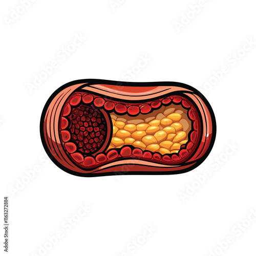 Illustrate the process of atherosclerosis showing plaque buildup in artery walls, leading to stenosis and potential thrombosis.  Include healthy and unhealthy artery cross-sections.