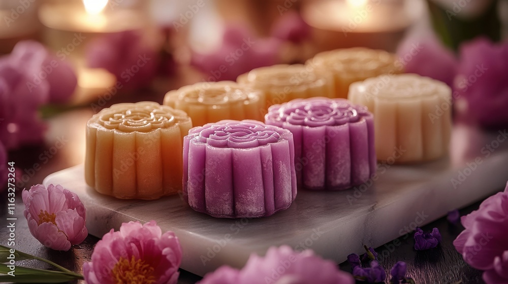 Colorful mooncakes arranged on a marble platter surrounded by flowers and candles. Colorful mooncakes arranged on a marble platter surrounded by flowers and candles.