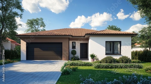 Front view of a new  modern house with a garage and a blue sky background
