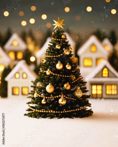 A beautifully decorated Christmas tree stands in a snowy landscape, surrounded by charming houses with warm lights, evoking a cozy holiday atmosphere.