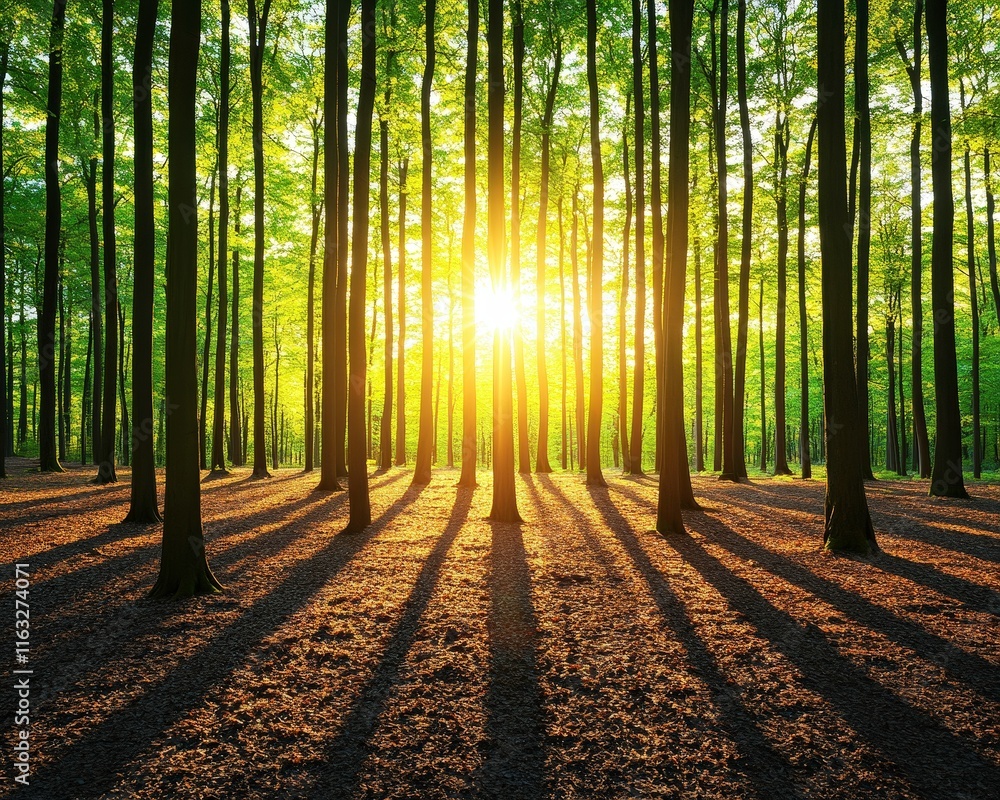 Obraz premium A serene forest scene with sunlight filtering through tall trees, casting long shadows on the forest floor. The vibrant greenery creates a peaceful and inviting atmosphere.
