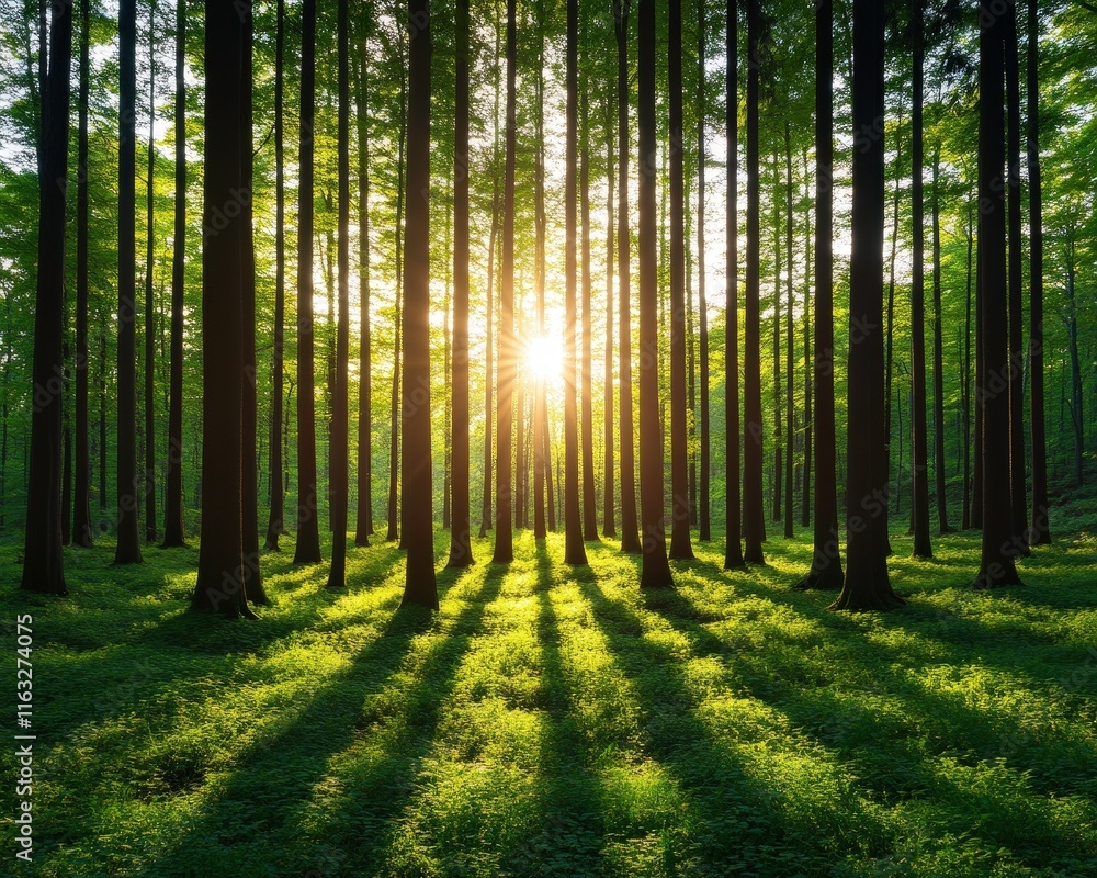 Fototapeta premium A serene forest scene with tall trees bathed in sunlight, casting long shadows on the lush green ground, creating a peaceful and tranquil atmosphere.