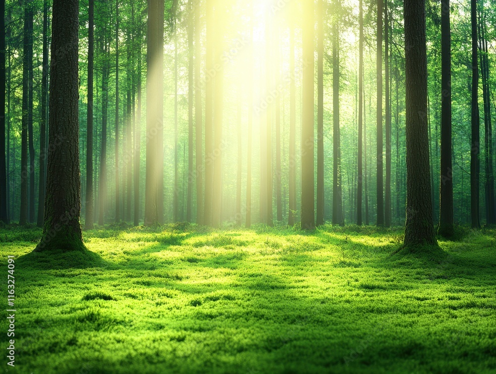 Obraz premium A serene forest scene illuminated by soft rays of sunlight filtering through tall trees, creating a tranquil atmosphere on a lush green mossy ground.