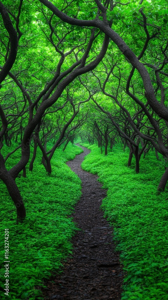 A serene forest path meanders through lush greenery, with twisted trees arching overhead, creating a tranquil and inviting atmosphere for exploration and reflection. A serene forest path meanders through lush greenery, with twisted trees arching overhead, creating a tranquil and inviting atmosphere for exploration and reflection.