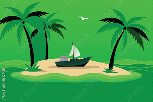 Create a vibrant vector illustration of a tiny tropical island paradise, showcasing lush vegetation, clear turquoise water, and a secluded beach.