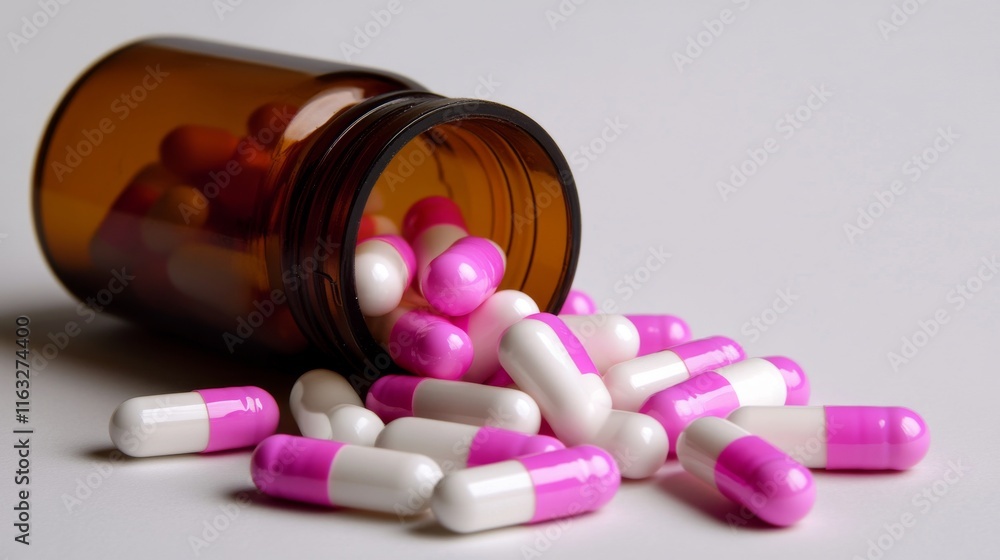 Pink and white capsule pills spilling out from bottle Pink and white capsule pills spilling out from bottle
