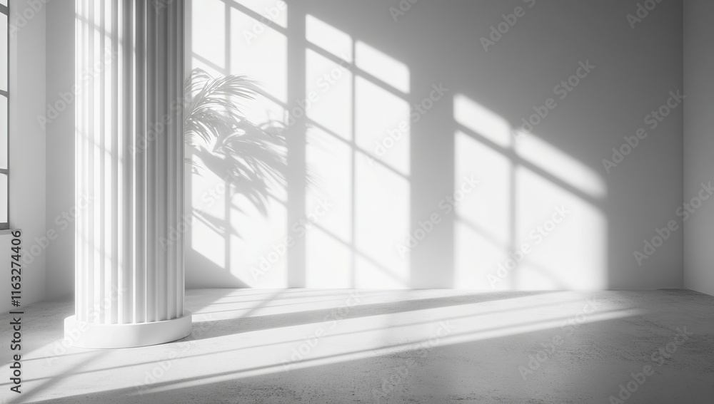 Fototapeta premium Sunlit Minimalist Interior with Grecian Column and Plant Shadow