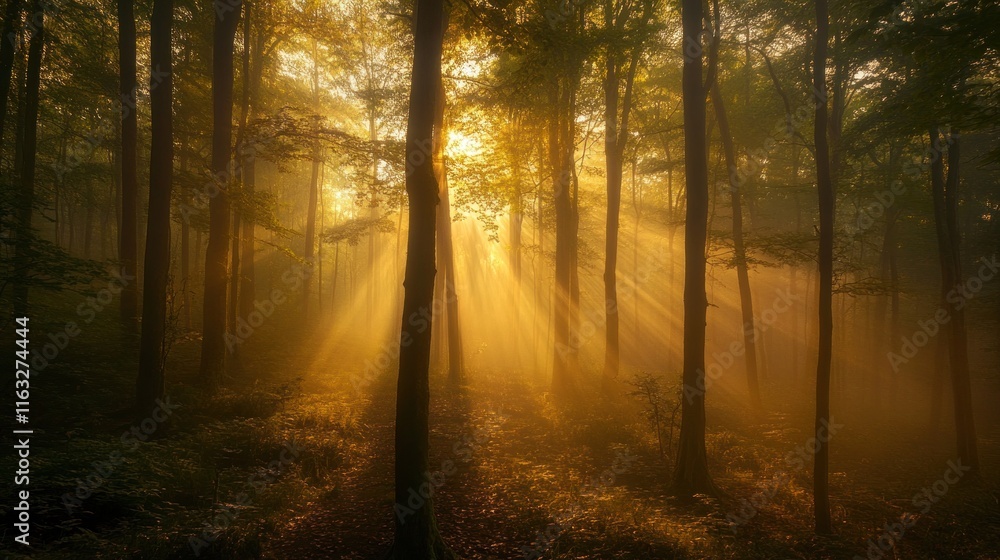Fototapeta premium Golden Rays of Dawn in a Mystical Forest