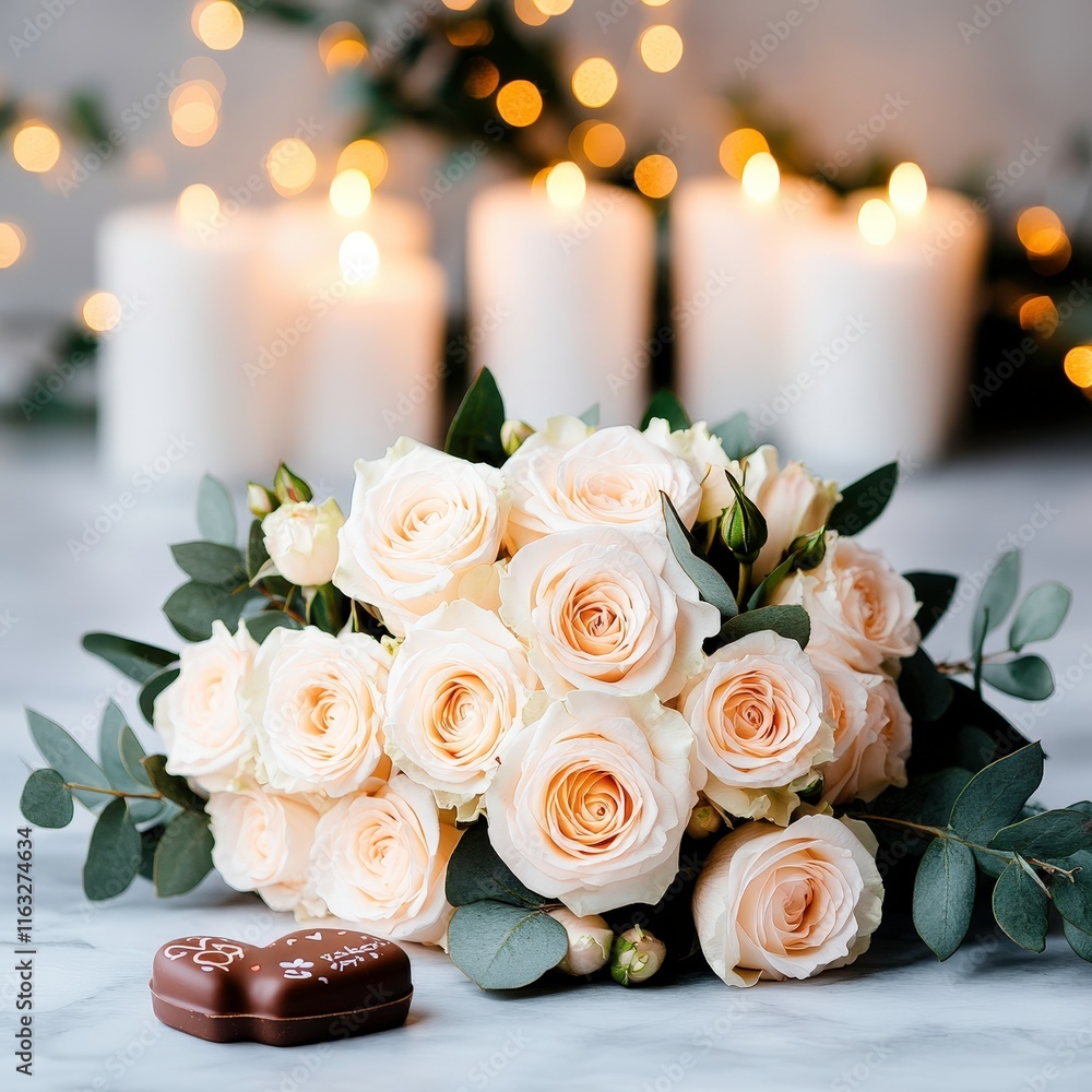 Obraz premium A serene arrangement of white roses surrounded by candles and chocolate treats, creating a romantic and inviting atmosphere.