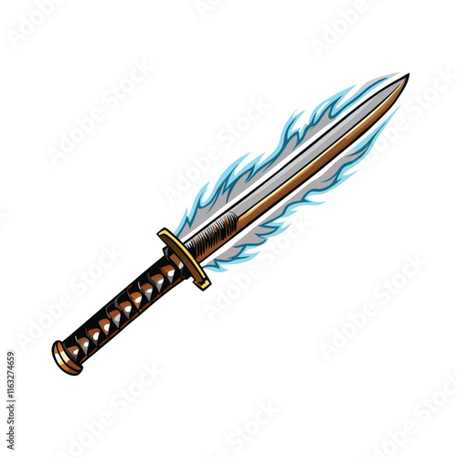 A sleek, futuristic katana with an electric blue energy pulse blade, juxtaposed against a traditional Japanese wooden sheath.  High detail, sharp focus.