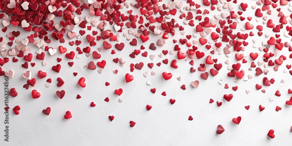 Romantic Red and Pink Hearts Falling on White Background Romantic Red and Pink Hearts Falling on White Background