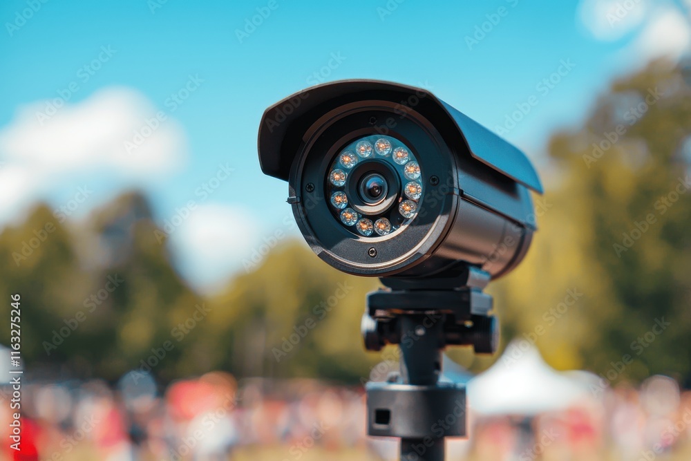 Monitoring action with surveillance camera outdoor event technology equipment bright environment close-up view Monitoring action with surveillance camera outdoor event technology equipment bright environment close-up view