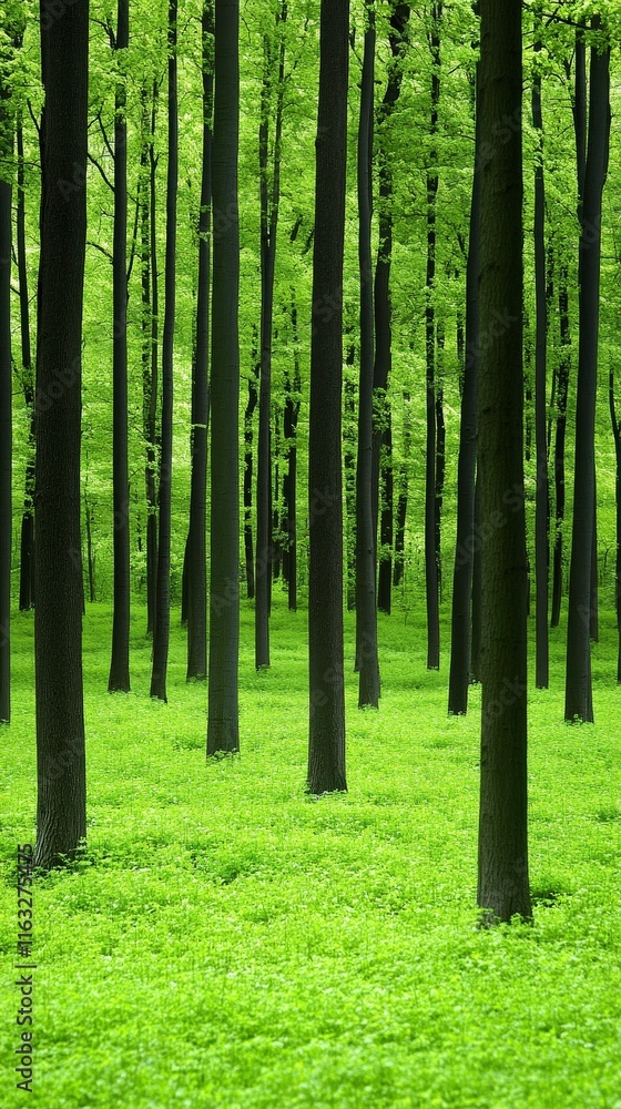 Naklejka premium A serene forest scene featuring tall, dark trees surrounded by lush green foliage, creating a tranquil and vibrant atmosphere.