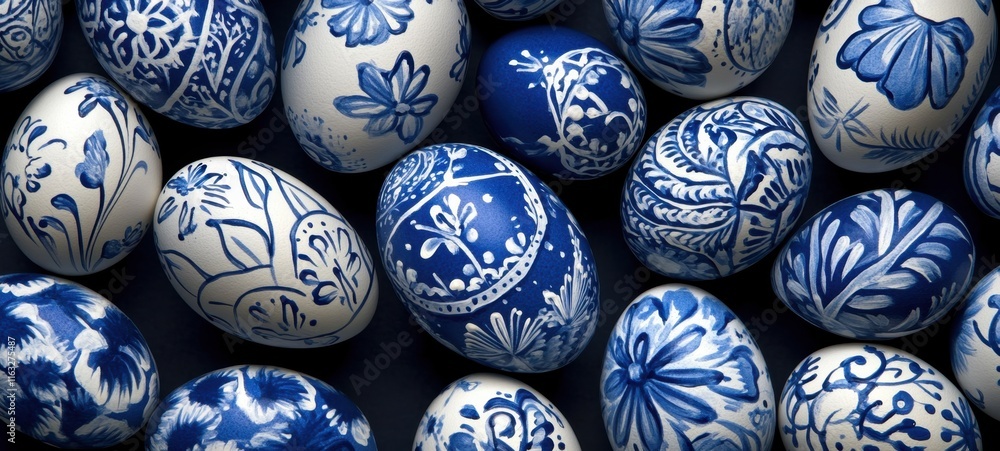 Blue Easter eggs showcased on a dark backdrop, highlighting their hand-painted designs. Blue Easter eggs showcased on a dark backdrop, highlighting their hand-painted designs.