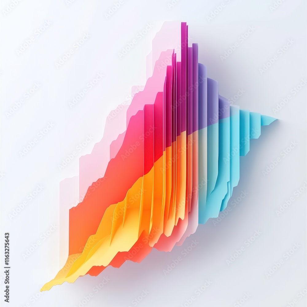 Fototapeta premium This image features an abstract, multi-layered design with vibrant colors and varying heights, resembling a wave or mountain range, creating a sense of depth and movement.