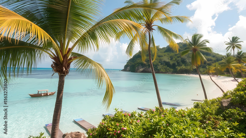 Fototapeta premium Ocean,Treasures, Island , Tropic Beach , waves , green palms , gemstones , gold , coins in the air , jews , 4k ,full HD , realistic
