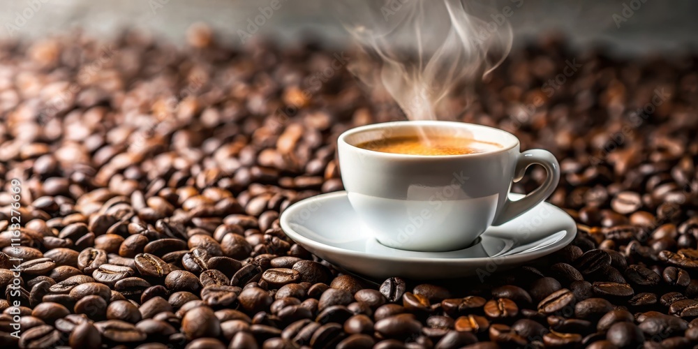 Aromatic Espresso in a White Cup Resting on Roasted Coffee Beans