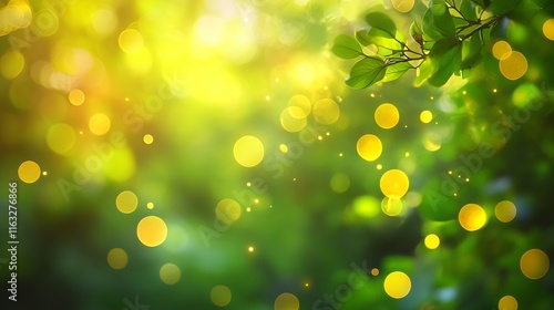 Abstract green and yellow blurred lights background with glowing nature texture, spring inspired design photo