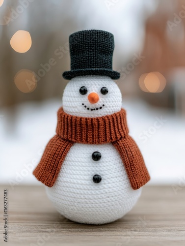 A cute, handcrafted snowman made of yarn, featuring a black top hat, a brown scarf, and a cheerful expression, set against a softly blurred snowy background.