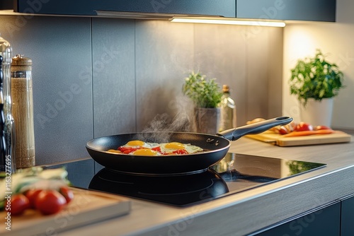 Freshly Cooked Breakfast in Modern Kitchen with Eggs and Vegetables on Electric Stove Surrounded by Natural Light and Contemporary Design Elements photo